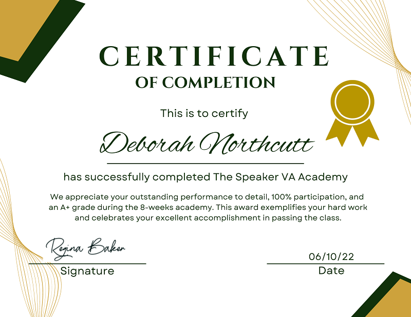 Deborah Northcutt SVAA Certificate